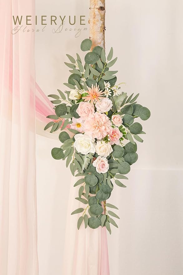 Deluxe Pink Artificial Wedding Arch Flowers with Drapes Kit-Pack of 5, 2pcs Flower Arrangements 3pcs Hanging Sheer Drapes Blue Ceremony Arbor Reception Backdrop Rose Floral Decorations.