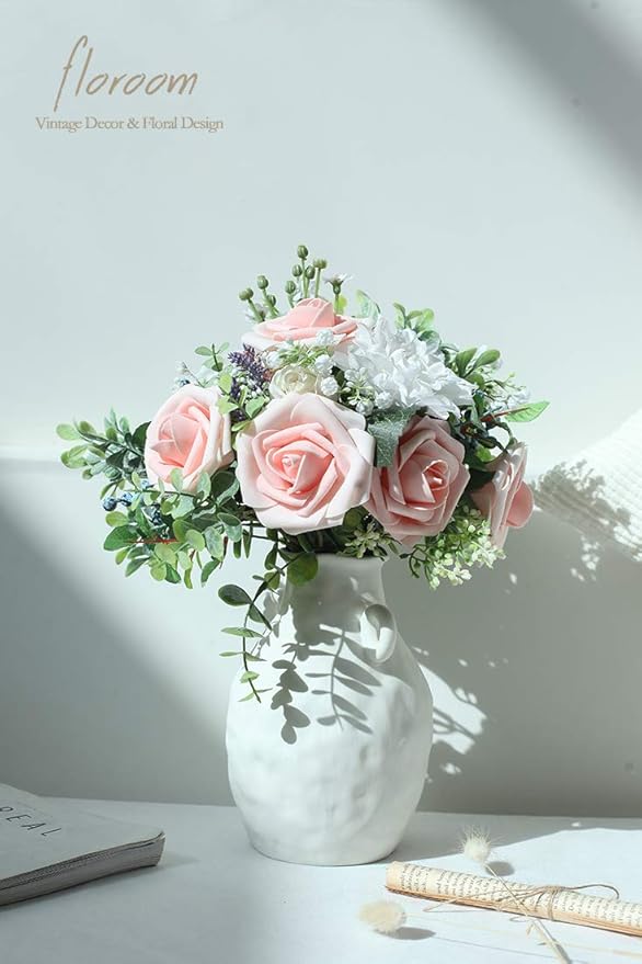 Floroom Artificial Flowers 50pcs Real Looking Blush Heirloom Foam Fake Roses with Stems for DIY Wedding Bouquets Pink Baby Shower Centerpieces Floral Arrangements Party Tables Home Decorations