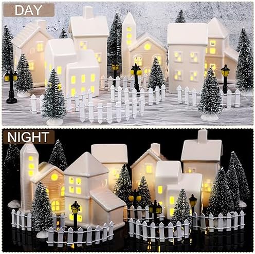 Fovths 39 Pieces LED Lighted Ceramic Winter Village Building Figurines and Accessories Desktop Ornament Set for Holiday Party Decor