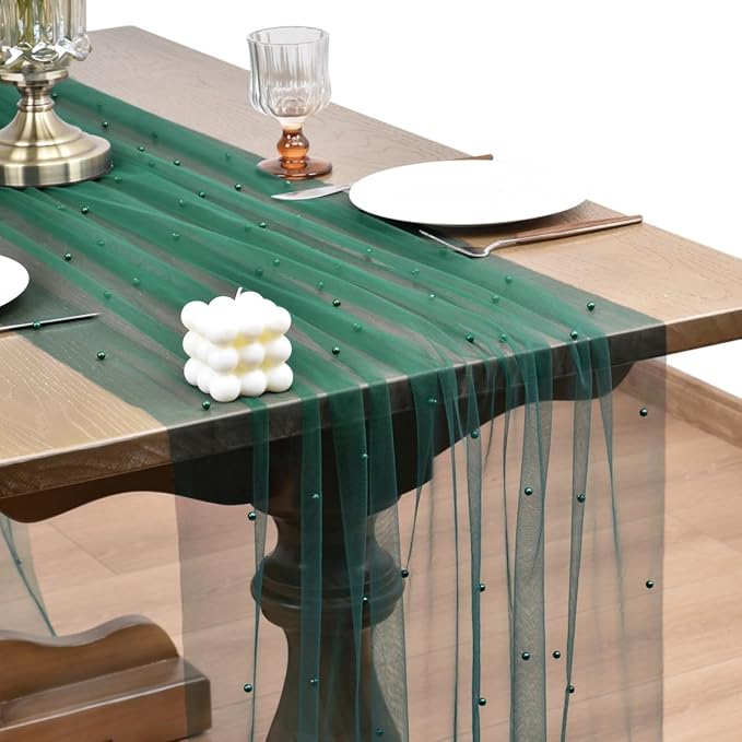 Joanlody Fall Pearl Table Runner 10ft Rustic Boho Tulle Table Runner with Pearls for Baby Shower Wedding Party Veil Dessert Thanksgiving Table Decor Emerald Green 4pcs