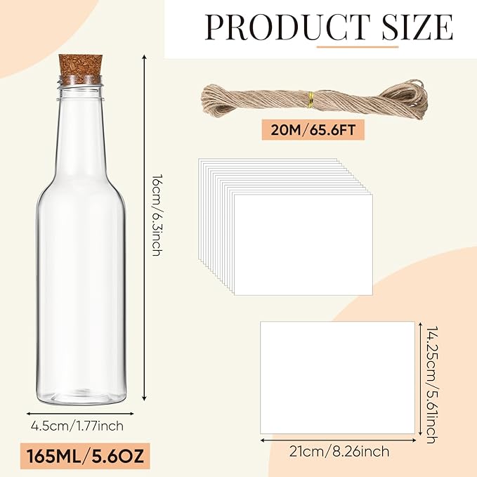 Baderke 48 Pcs 5.6 oz Message Bottles with Letter Printer Paper Plastic Bottles & Corks Twines for Message Invitations Birthday Wedding Baby Shower DIY Crafts Gift Party Favors (White)