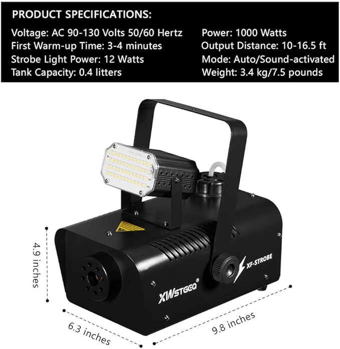 Fog Machine 1000W with Strobe Light, Wireless Remote, Perfect for Halloween, Parties, Concerts, and Events