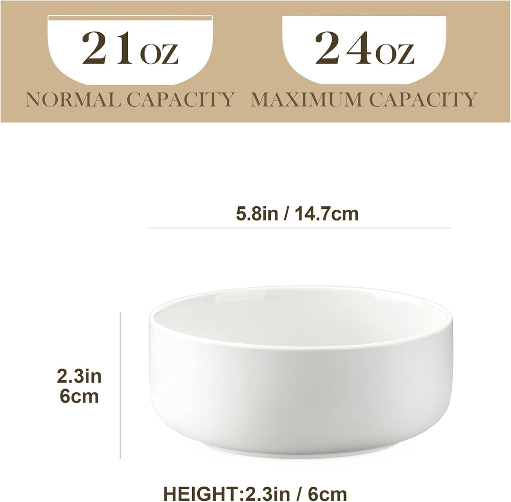 MALACASA 24 OZ Cereal Bowls Set of 6, Ceramic Soup Oatmeal Bowls, White