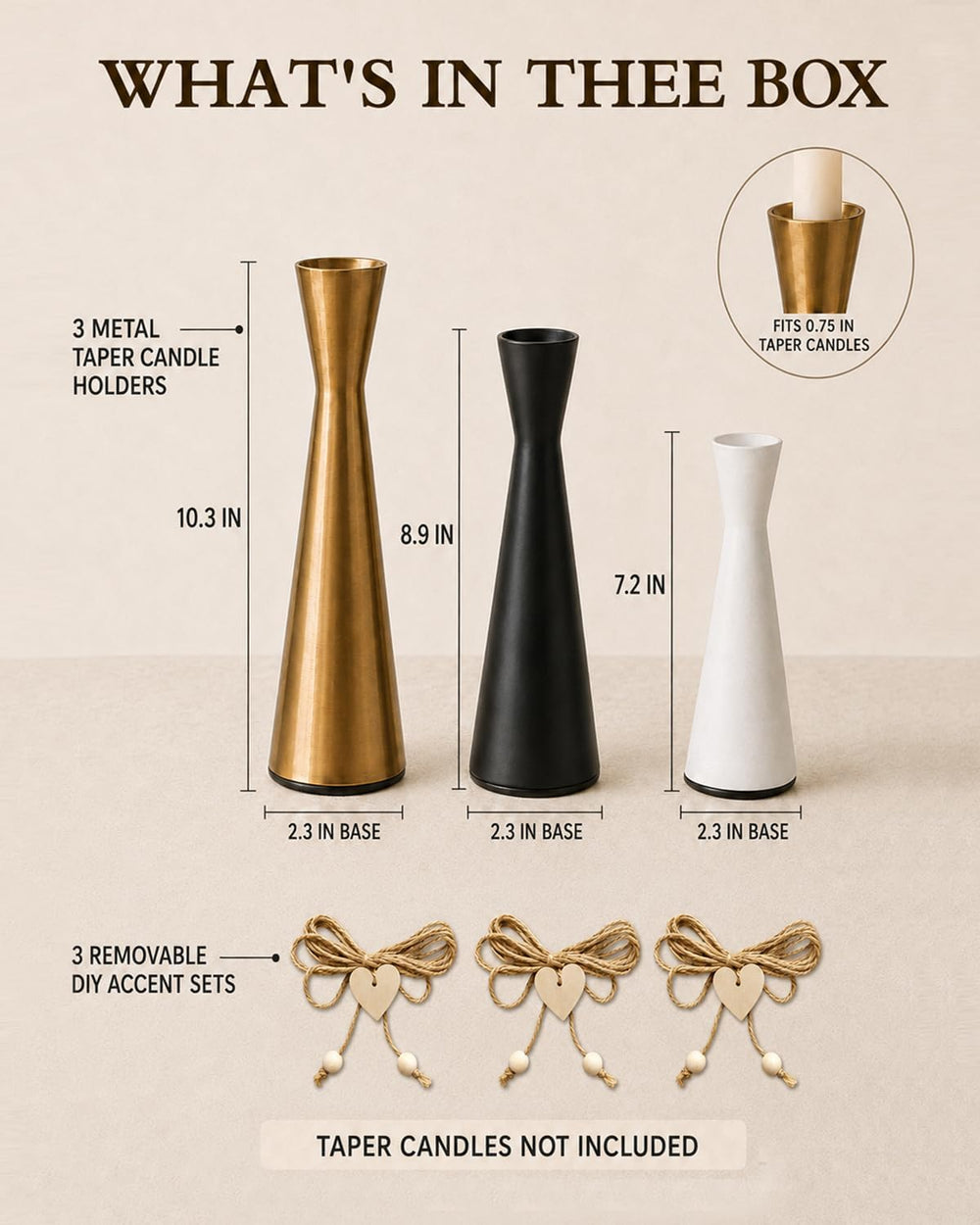 Metal Candlestick Holders Set of 3, Taper Candle Holders with Wood Charms