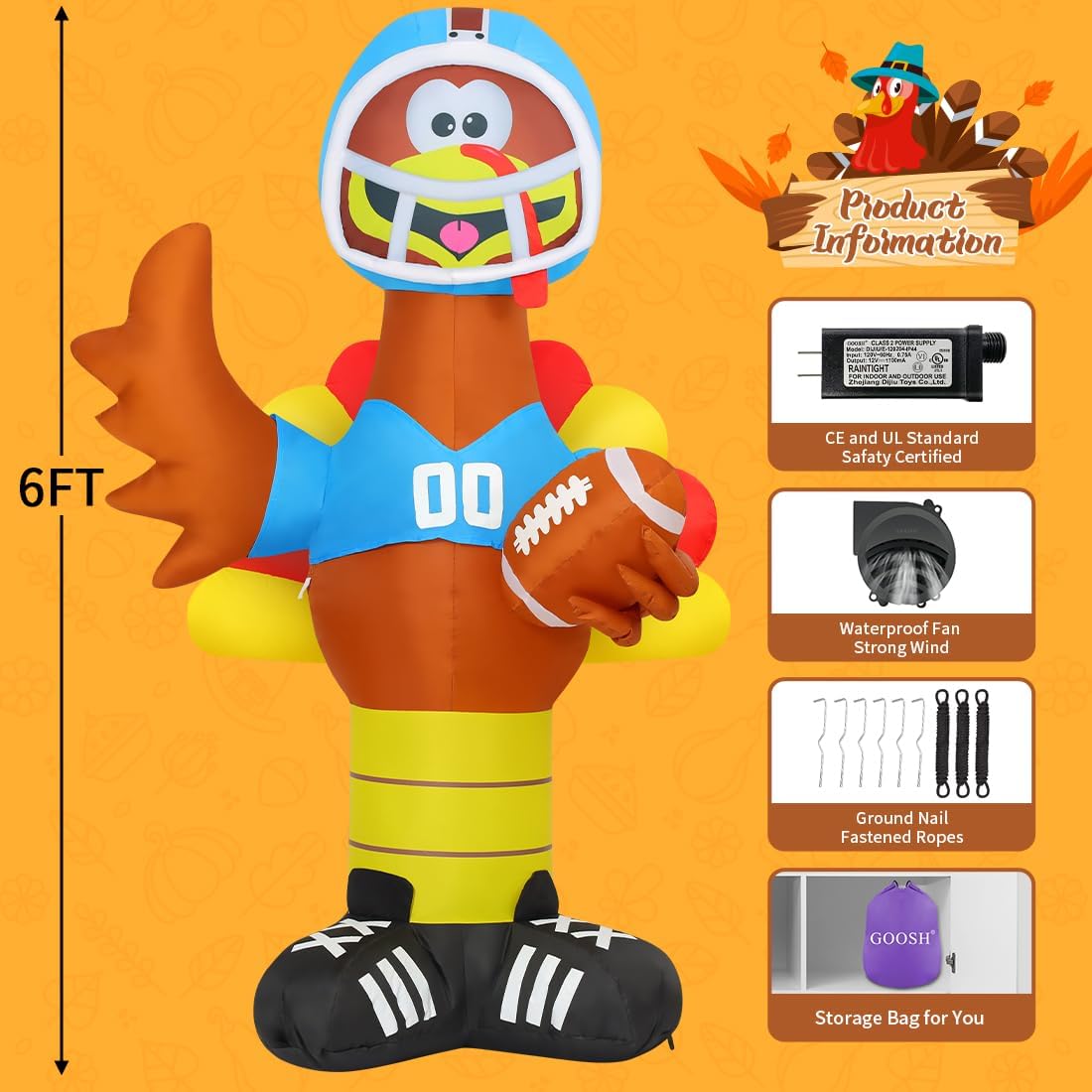 goosh 6 ft thanksgiving lnflatable turkey outdoor decorations, package contents