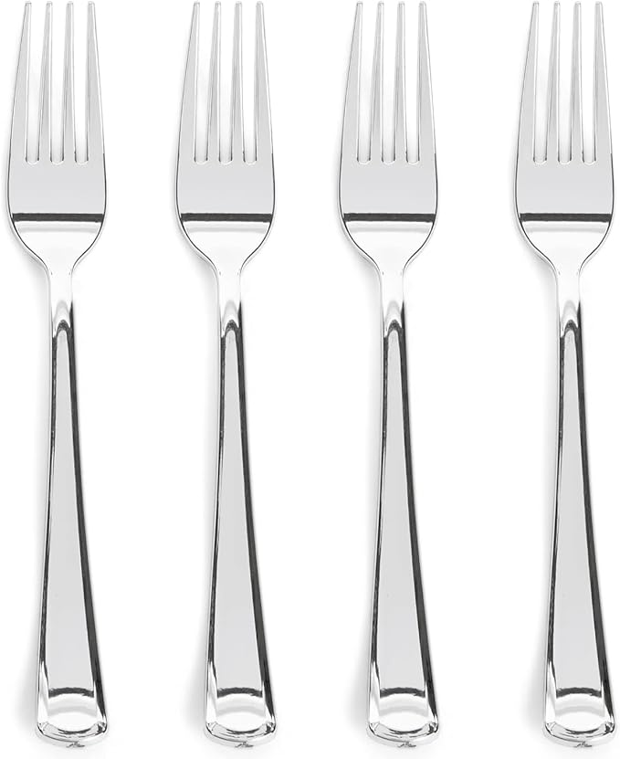 Prestee 300 Plastic Forks Heavy-Duty, Heavyweight Silverware Forks, Fancy Plastic Cutlery, Elegant Disposable Fork Pack, Bulk Disposable Flatware, Silver Fork for Christmas Holiday (Silver) (300 Count)