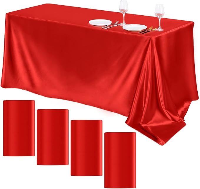 TURSTIN 4 Packs Satin Tablecloth 102 x 58 Inch Overlay Satin Table Cover Rectangle Bright Silk Tablecloth Smooth Fabric Table Decoration for Wedding Banquet Party Events, Red