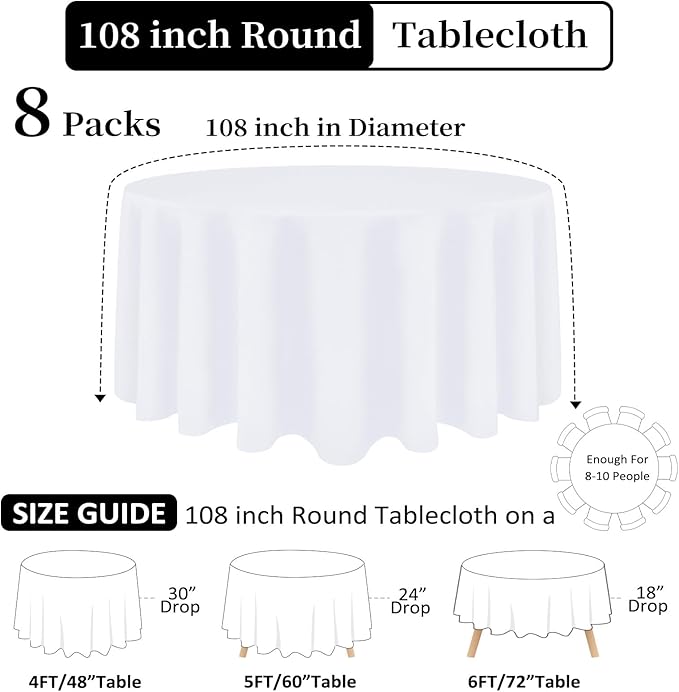 8 Pack White Round Tablecloth 108 Inch White Table Cloth Stain and Wrinkle Resistant Round White Tablecloths Reusable and Washable Polyester Fabric Table Covers for Buffet Wedding Party and Banquet
