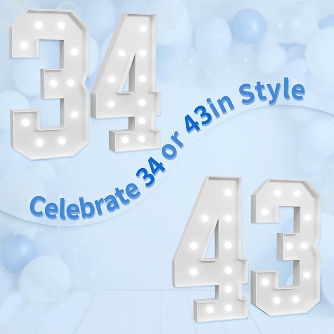 imprsv Marquee Numbers Large 34th-Birthday Decorations: 4ft Light Up Number Party Decor 34 Year Old 43rd Birthday Decoration Backdrop 43 Anniversary Cardboard Big Mosaic Balloon Frame Number 34