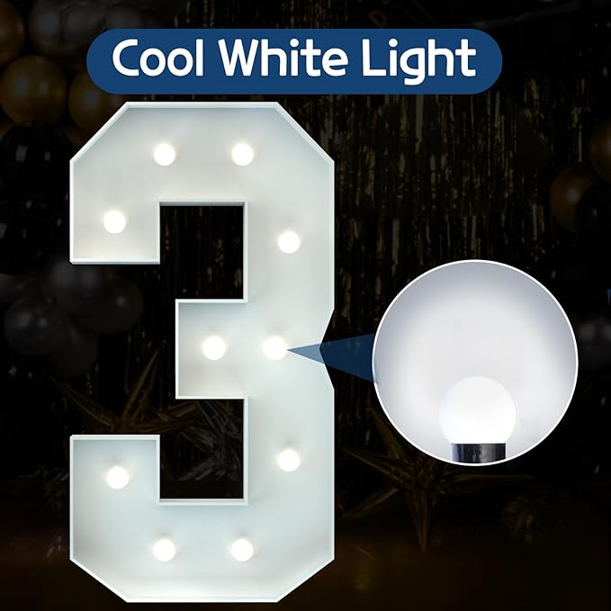 Marquee Numbers 4 Feet Tall Big Light Up Numbers 3rd 13th 30th Happy Birthday Decorations Girl Boy White Anniversary Party Decor Large Cardboard Prop Backdrop Sign 3