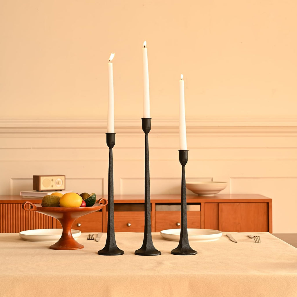Set of 3 Candle Stick Holders,Iron Black Candlestick Holders, Fits 3/4 inch Thick Candles, Tapered Candle Holders Tall Set for Dining Table, Wedding, Home Decoration