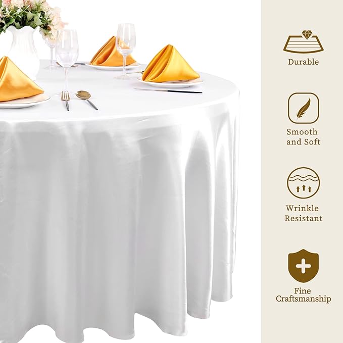 6 Pack 120 Inch White Round Tablecloth - Premium Silky Satin Tablecloth Overlay Smooth Fabric Table Cover Linens, Table Decoration for Wedding Party Banquet Events Restaurant Kitchen Dining