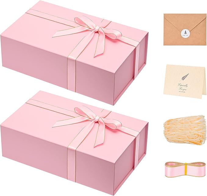 LIFELUM Gift Boxes for Presents, Extra Large Gift Box 2 Pack 13.85 x 8.35 x 4.45 inch with Magnetic Lid Pink Gift Box With Ribbon, Card, Shredded Paper Filler