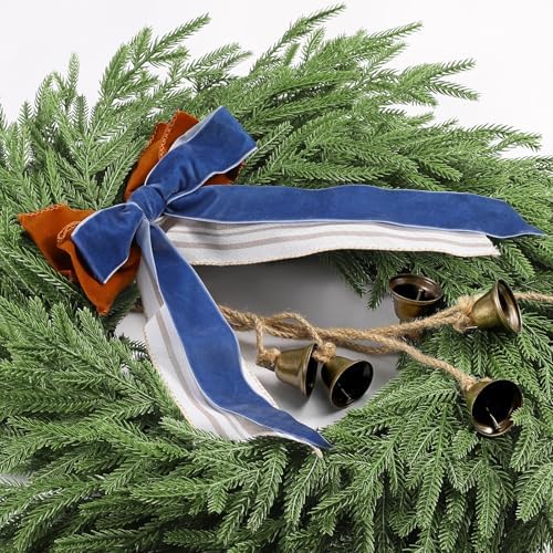 Christmas Decor, 22" Norfolk Pine Christmas Wreath with Bells and Ribbon