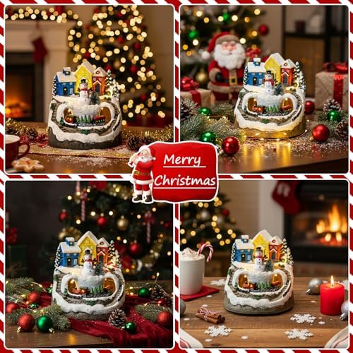 MXwcy Christmas Village House with Moving Train & Music - Lighted Snowman Figurine with 8 Holiday Songs, LED Lights - Resin Collectible Building for Indoor Xmas Decor, Table Centerpiece, Gifts
