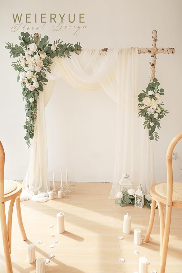 Deluxe White Artificial Wedding Arch Flowers with Drapes Kit-Pack of 5, 2pcs Flower Arrangements 3pcs Hanging Sheer Drapes White Ceremony Arbor Reception Backdrop Rose Floral Decorations.