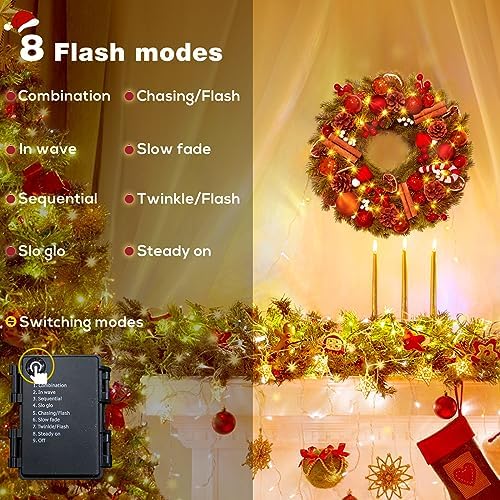Quntis 16 Inch Christmas Wreath with 40 Lights 8 Modes, Lovely Christmas Door Wreath Decorations Artificial Xmas Wreath with PineCones Dried Lemon Pieces, Winter Wreaths Outdoor Porch Fireplace Window