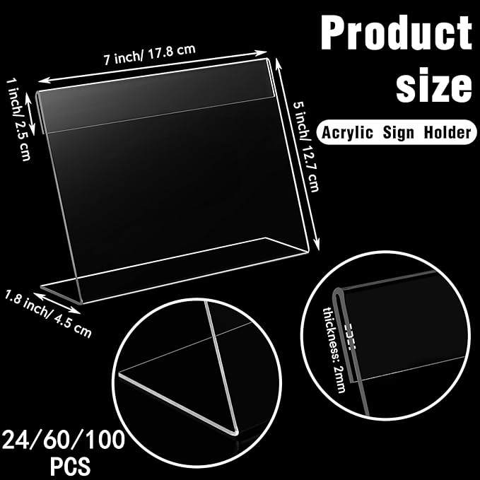 Vicenpal 60 Pcs 7x5 Inch Clear Acrylic Sign Holder Plastic L-shape Vertical Menu Stand, Picture Photo Frames, Table Paper Holder, Flyer Sign Display Stand for Restaurants, Store, Office, Wedding