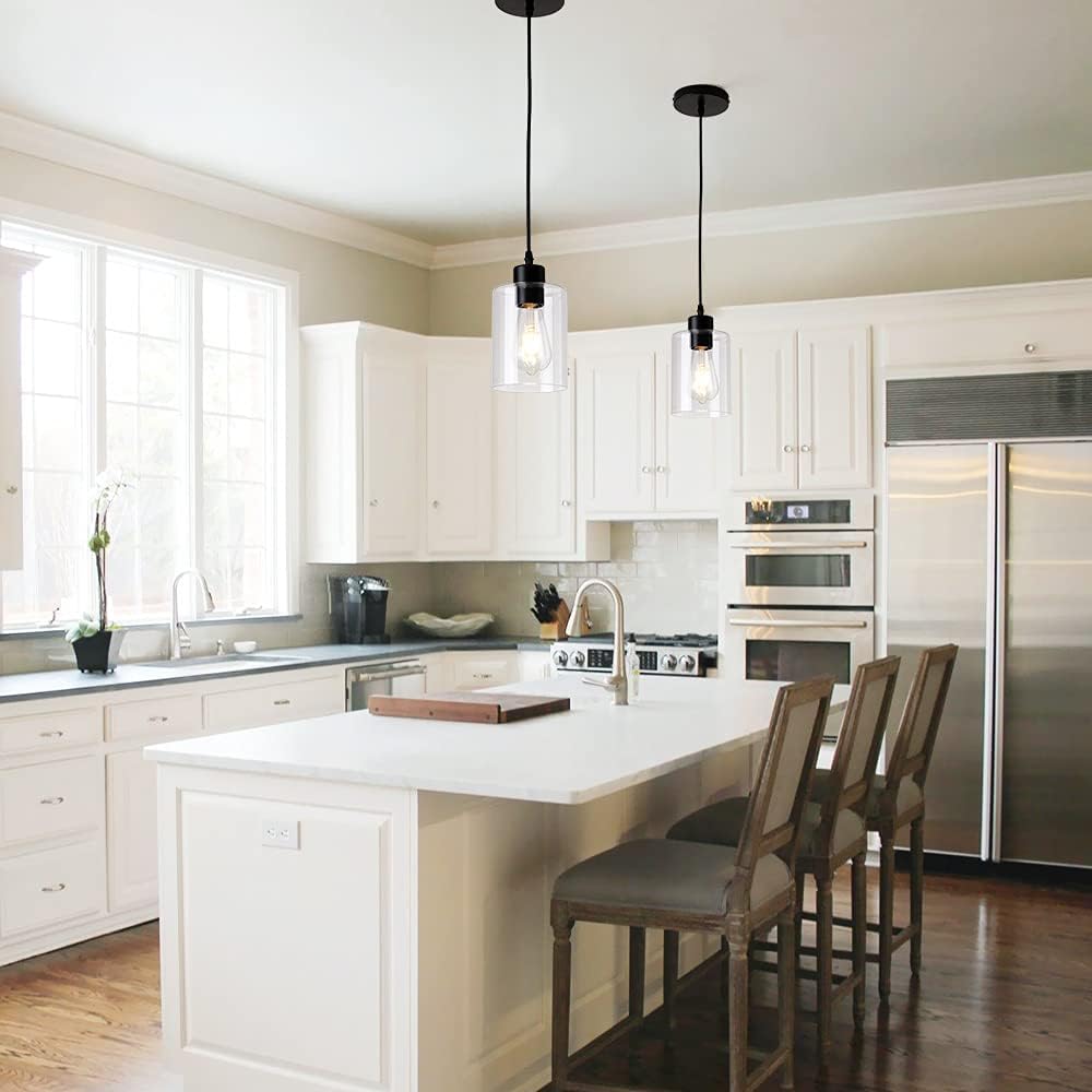Modern Black Farmhouse Clear Glass Cylinder Pendant Light Fixture,Island Ligh...