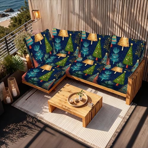 Colorful Christmas Tree Seat Cushion Cover Set, Holiday Painted Tree Sofa Cushion Slipcover, Stretch Couch Seat Protector with Elastic Bottom,8PC