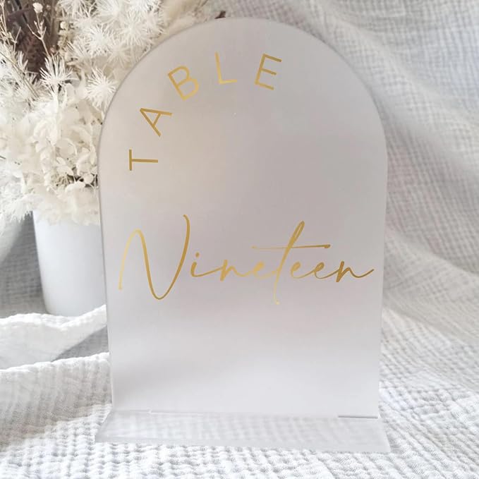JINMURY Frosted Arch Wedding Table Numbers 1-15 with Stands, 5x7 Inch Acrylic Arch Sign with Golden Lettering, Frosted Acrylic Table Numbers for Wedding Reception