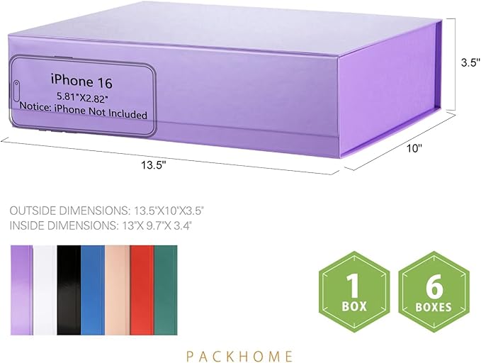 PACKHOME 6 Large Gift Boxes 13.5x10x3.5 Inches, Sturdy Shirt Boxes with Magnetic Lids for Multiple Occasions (Glossy Purple)