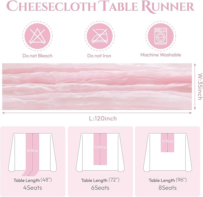 Sioloc 10 Pack Light Pink Cheesecloth Table Runner Fall Autumn Decor for Home 10ft Table Cloth for Tea Wedding Birthday Party Baby Bridal Shower Halloween Thanksgiving