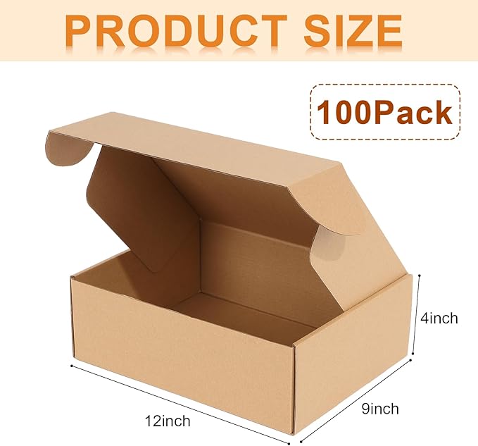 Qilery 100 Pcs Shipping Boxes Cardboard Gift Corrugated Cardboard Brown Boxes Mailer Packaging for Mailing Small Business Present (12 x 9 x 4 Inches)