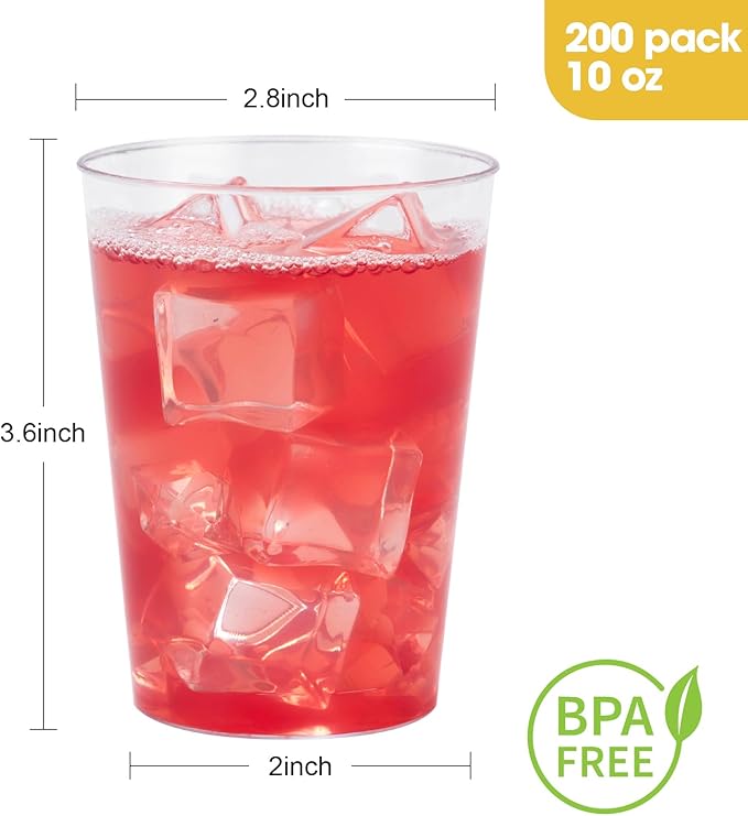 Goodluck 200PCS 10oz Clear Plastic Cups for Party, Disposable Clear Plastic Cups, Cocktail Glasses for Wedding Thanksgiving, Christmas, and Parties