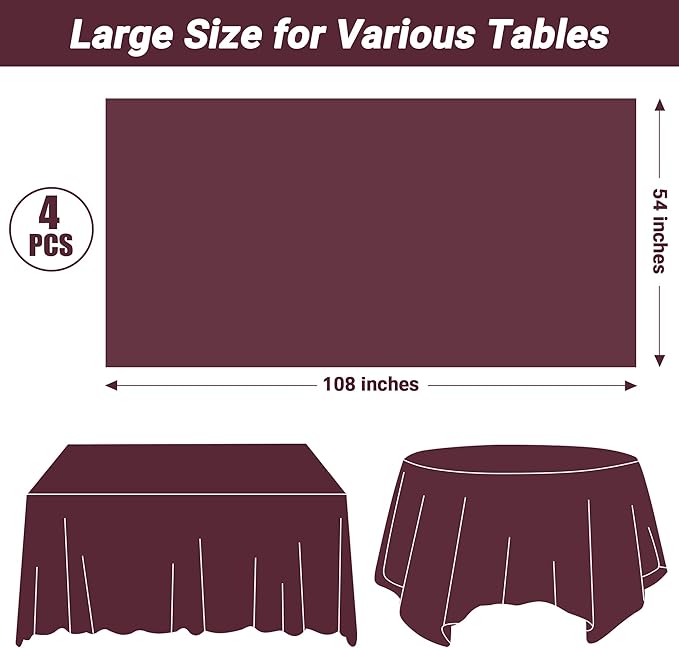 4 PCS Wine Table Cloth Rectangle Table, 54 x 108 Inches Waterproof Plastic Table Cloth Disposable, Picnic Table Cover for Baptism, Picnic, Restaurant, Wedding decor, Fits Rectangle and Round Tables