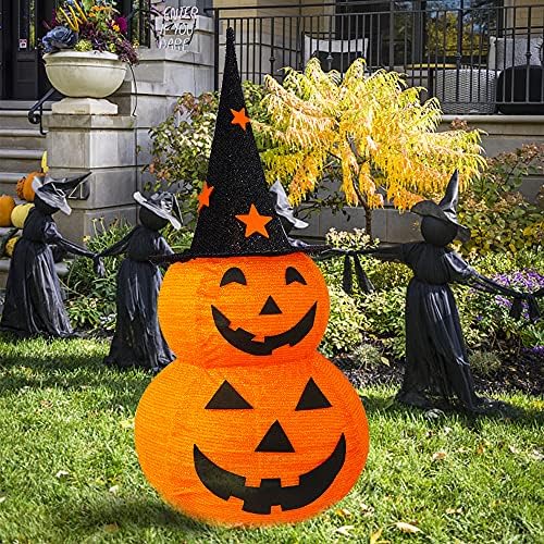 FUNPENY 3FT Halloween Collapsible Pumpkin Decorations, Pre-Lit Light Up 50 LED Pumpkin with Star Hat 8 Lighted Mode, Pop Up Jack-o-Lantern with Metal Stand for Indoor Outdoor Yard Holiday Decor