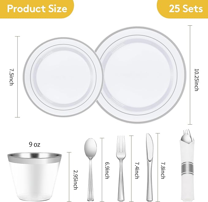 Goodluck 175 Piece Silver Plastic Dinnerware Set for 25 Guests, Fancy Disposable Plates for Party, Include: 25 Dinner Plates, 25 Dessert Plates, 25 Pre Rolled Napkins with Silver Silverware, 25 Cups