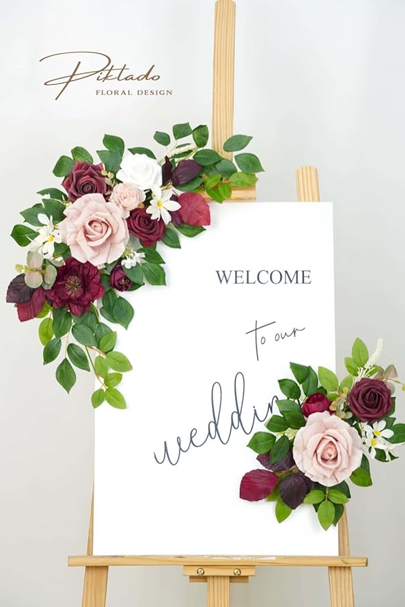 Wedding Decor (Pack of 2) Welcome Sign Flower Backdrop Garland for Ceremony Reception Wall Easel Home Decoration Entryway Faux Outdoor Board Head Table Decor (Burgundy & Dusty Rose)