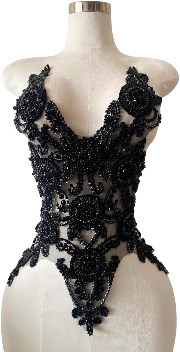 Pure Handmade Bodice lace Rhinestones Applique Sewing Stones Beads Crystal Tr...