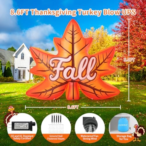 GOOSH 8.6 FT Thanksgiving Inflatables Decorations Outdoor Blow Up Fall Maple Leaf Yard with Built-in LEDs for Harvest Festival Autumn Indoor Party Garden Lawn Decor