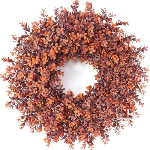 24" Artificial Fall Boxwood Wreath for Front Door Decoration (Deep Orange)