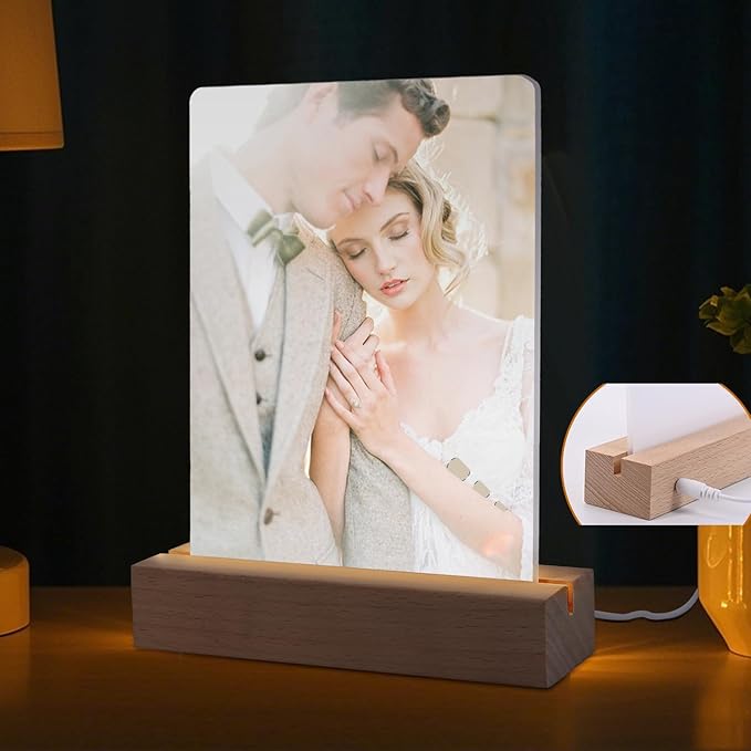 5" x 7"- 4 pcs Acrylic 2 pcs Frame Sublimation LED Acrylic Photo Frames Night Lights Blanks Heart Shape,with Warm Color Light with Wood Stand for Heat Press Machine Printing