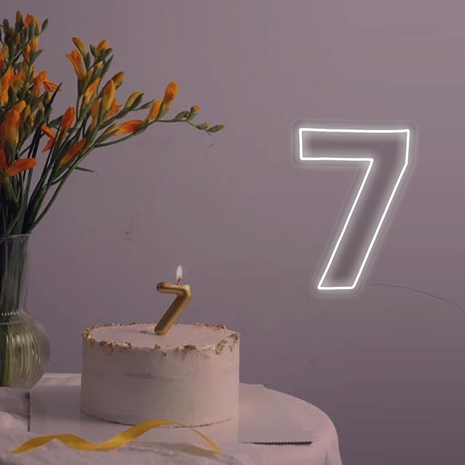 Number 7 Neon Sign for Birthday, 16.54" Cool White USB Battery Powered Led Neon Sign for Party Wedding Anniversary Decor Light Sign (Number 7)