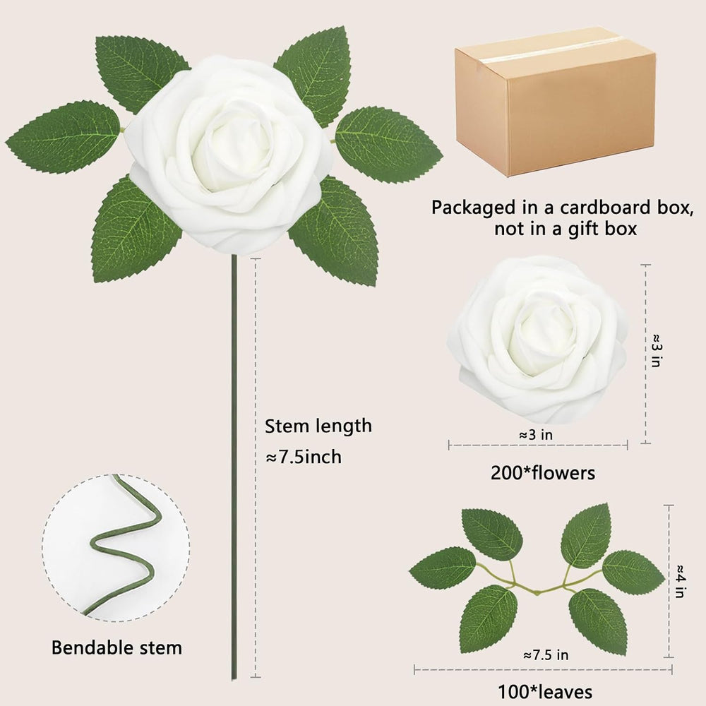 200PCS White Realistic Roses - Artificial Latex Foam Flowers with Bendable St...