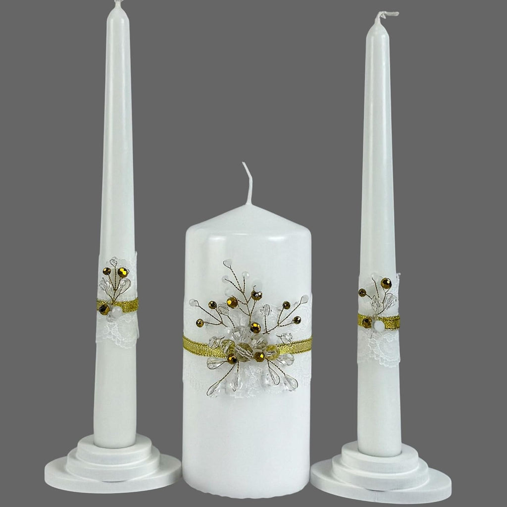 Unity Candle Set - Wedding Ceremony & Reception – 6” Pillar & Two 10” Taper Candles – Long Burning Unity Candles for Marriage Ritual – Handmade in USA – Diamond |Gold