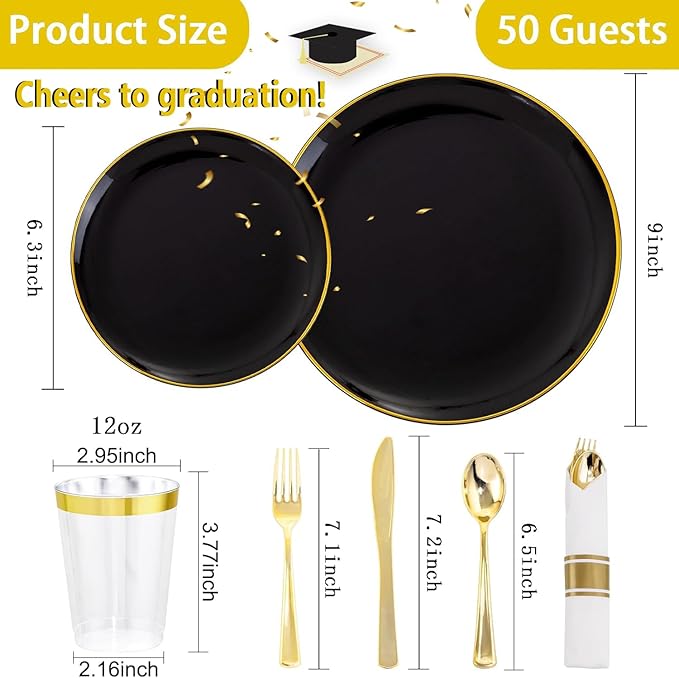 KIRE 350 PCS Plastic Dinnerware Set for 50 Guests - Black and Gold Plates 50 for Dinner 50 for Dessert & 50 Pre Rolled Napkins with Disposable Silverware 50 Cups for Halloween Party/Banquet/Wedding