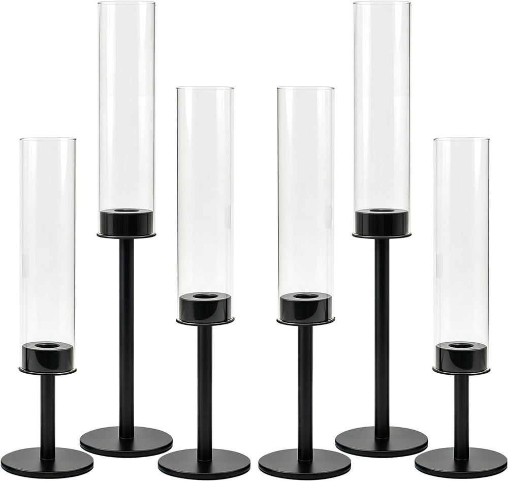 Black Taper Candle Holders Set of 6, Glass Hurricane Candlestick Holders