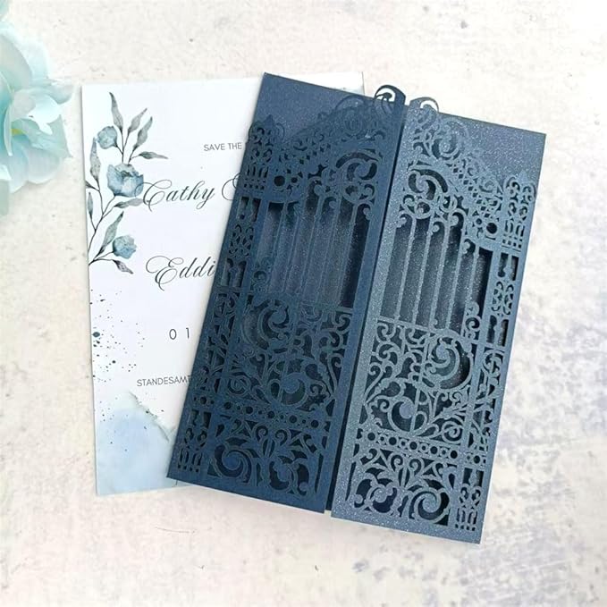 MillaSaw Navy Blue Wedding Invitation Gate Laser Cut Card Marriage Engagement Ceremony Invite 25Pcs (4.9"x7.1", navy blue)