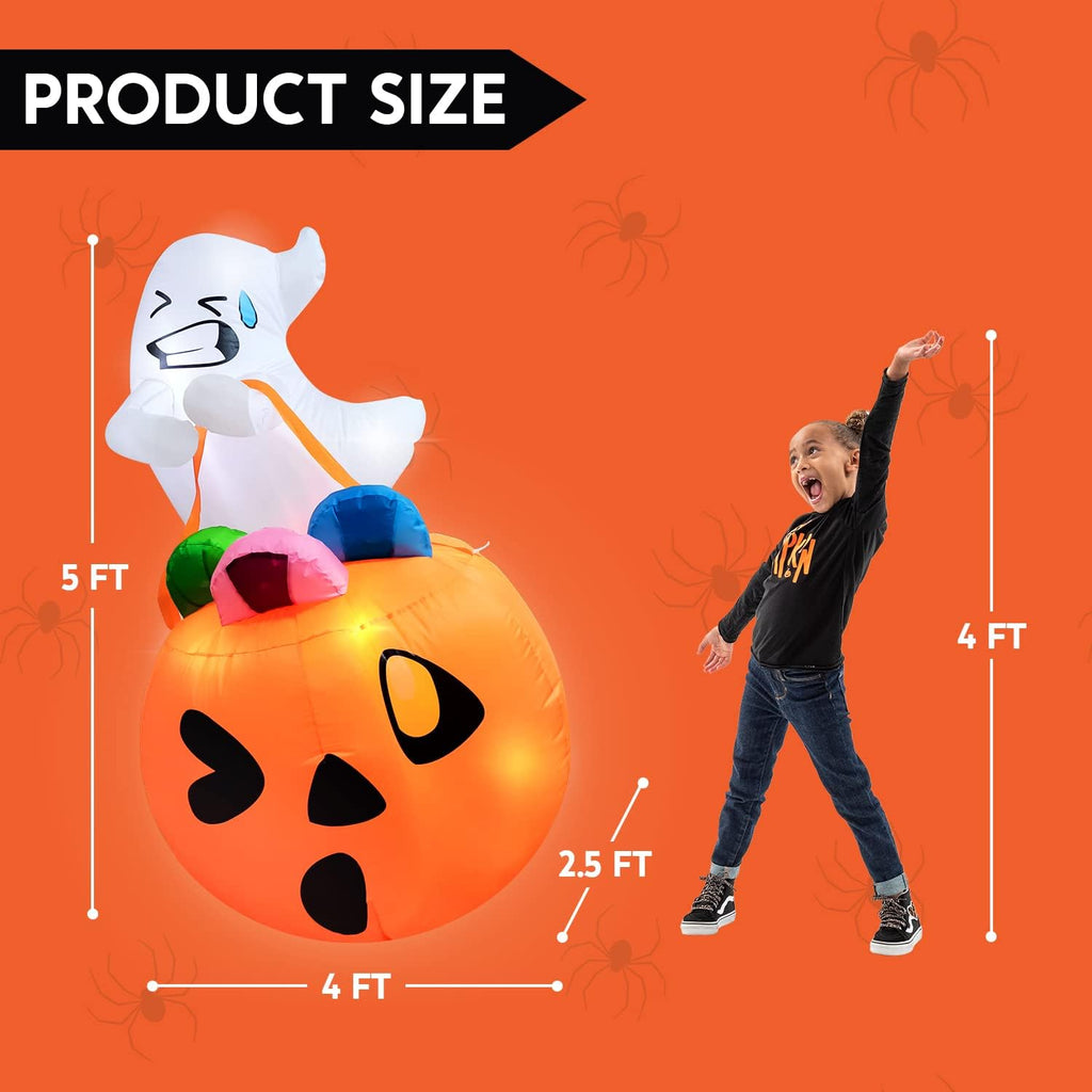 Joiedomi 5 FT Tall Halloween Inflatables Outdoor Decorations, Inflatable Cute Ghost Halloween Decor Outdoor, Blow Up Ghost Lift Pumpkin Candy Bag with Build-in LEDs for Yard Decorations