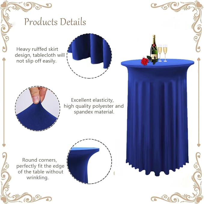 Albassa 2 Pack Cocktail Table Covers 32"x 43" Spandex Stretch Round Cocktail Tablecloths with Wavy Drapes Fitted High Top Bar Table Skirt for Wedding Party Banquet (Royal Blue, 2 PCS)