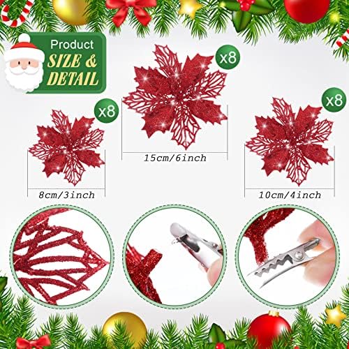 48 Pcs Christmas Picks Poinsettia Flowers Berry Glitter,Red