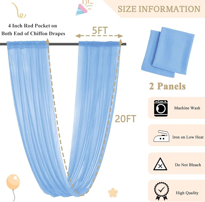 MODFUNS Wedding Drapes Ceiling Decorations Baby Blue Wedding Arch Drapes 5FTx20FT 2 Panels Chiffon Sheer Ceiling Curtain Tulle Curtain for Party Sheer Arbor Drapery Canpoy Tent Ceiling Backdrop
