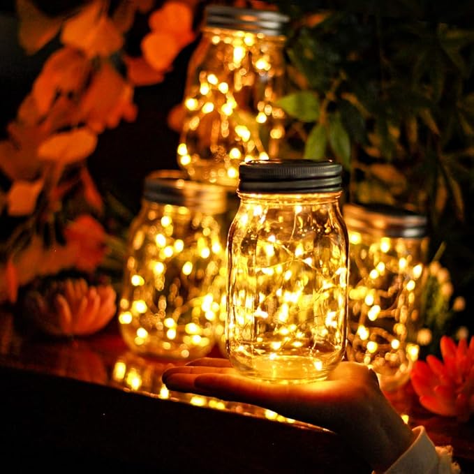 12 Pack Solar Mason Jar Lid Lights - 30 LED Firefly Fairy String Lights, Waterproof Outdoor Solar Lights with Hangers for Regular Mouth Jars (No Jars Included)
