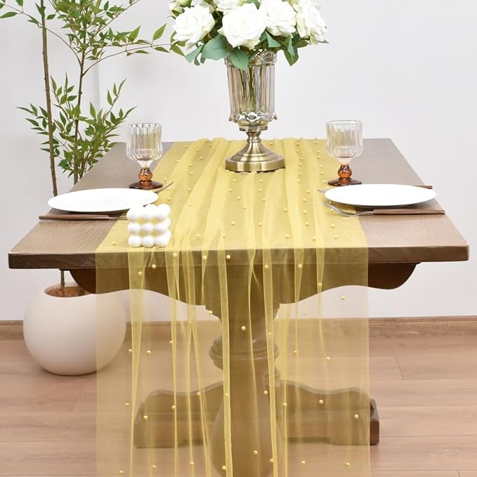 Joanlody Fall Pearl Table Runner 10ft Rustic Boho Tulle Table Runner with Pearls for Baby Shower Wedding Party Veil Dessert Thanksgiving Table Decor Yellow 4pcs