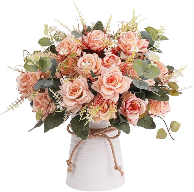 LESING Artificial Rose with Vase,Fake Silk Flowers Bouquets in Vase Table Centerpiece Arrangement for Kitchen Living Room (Pink-1)